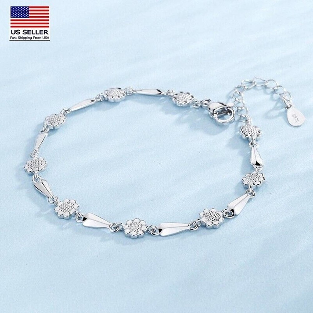Fashion Women 925 Sterling Silver Wrist Chain Exquisite Sunflowers Bracelet